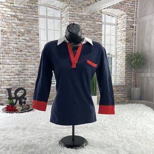 Women’s Bordado Navy Blue & Red Collar Long Sleeve V-Neck Shirt (S) DW13